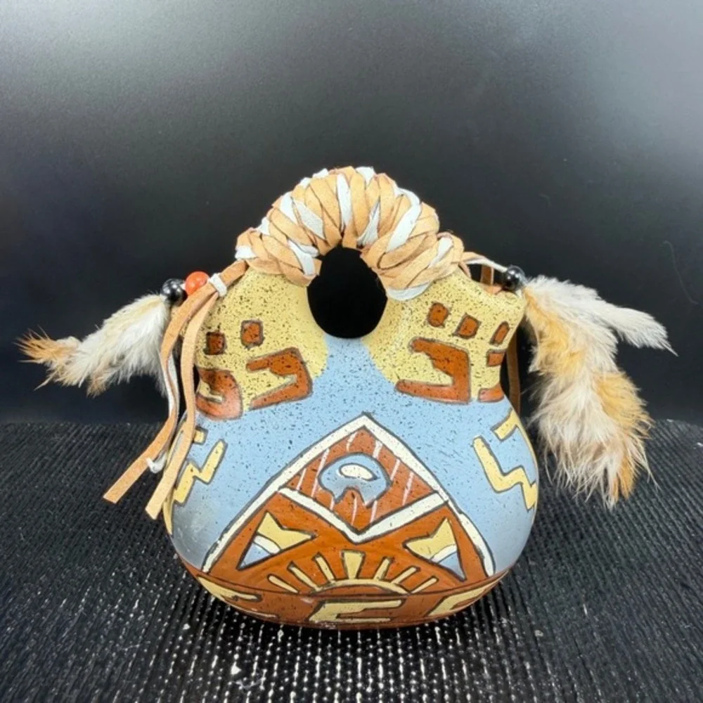 Southwestern Wedding Vase Hand Painted Buffalo Sun Pottery Feather Leather 4inch